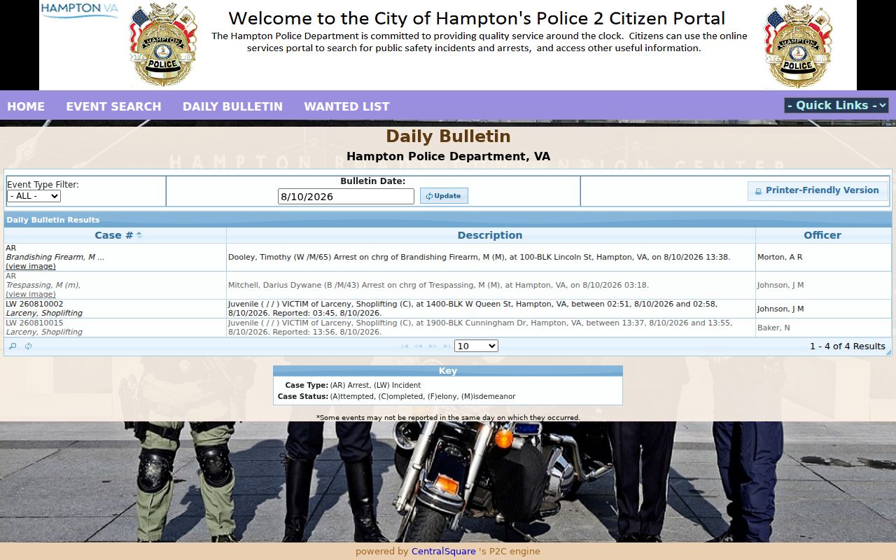 Hampton County arrest Daily Bulletin search interface