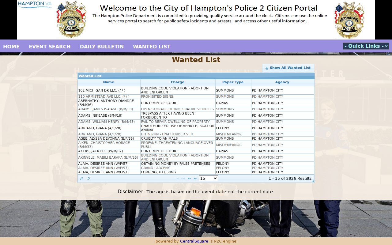 Hampton Police2Citizen Wanted List controls