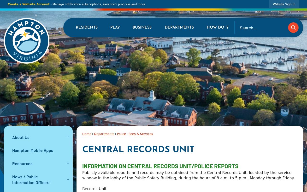 Hampton Police Central Records services and fees page