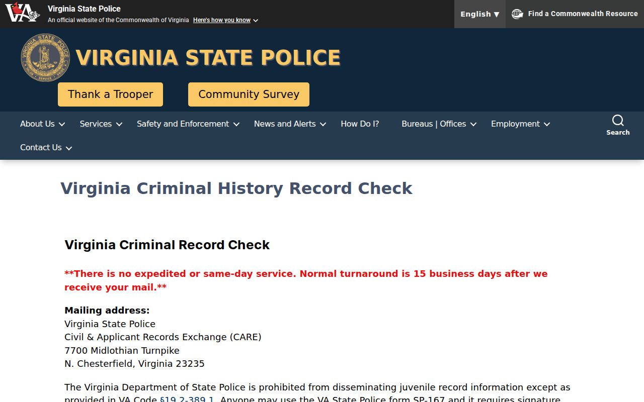 Hampton criminal history options from Virginia State Police