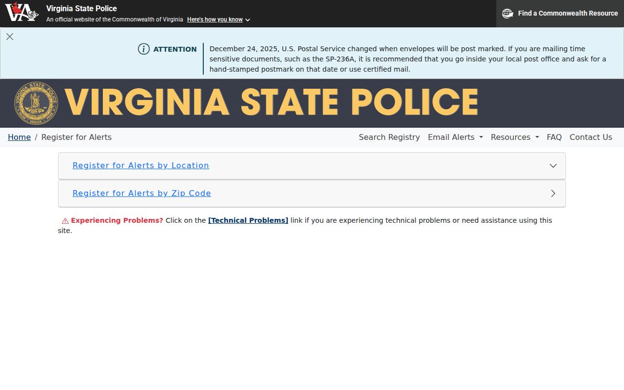 Virginia registry location and ZIP alert signup forms