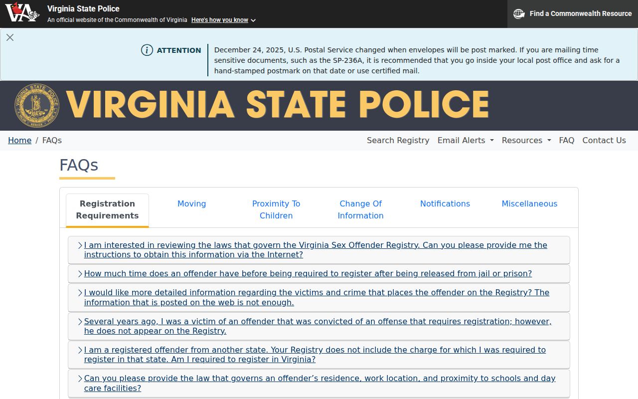 Virginia registry frequently asked questions page with no registrant information