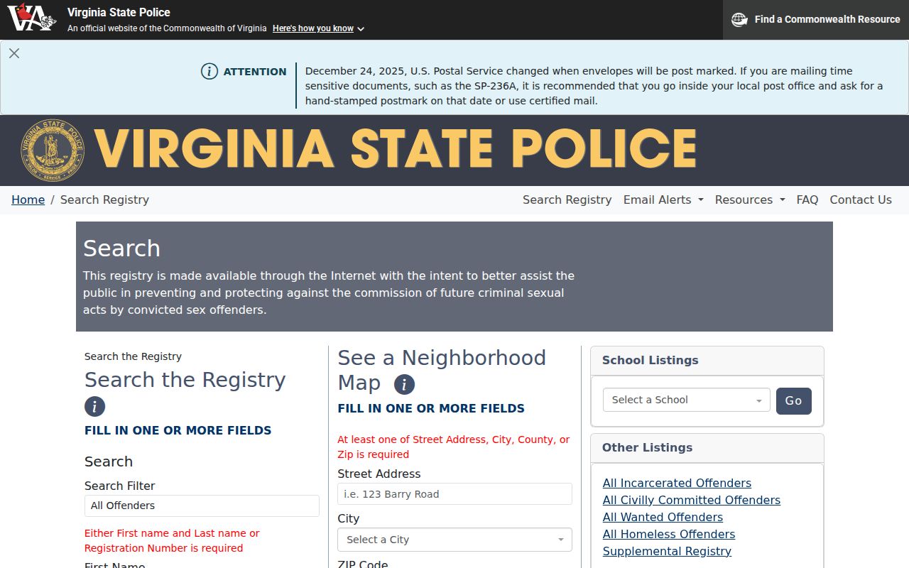Virginia sex offender registry search controls with no registrant identity shown
